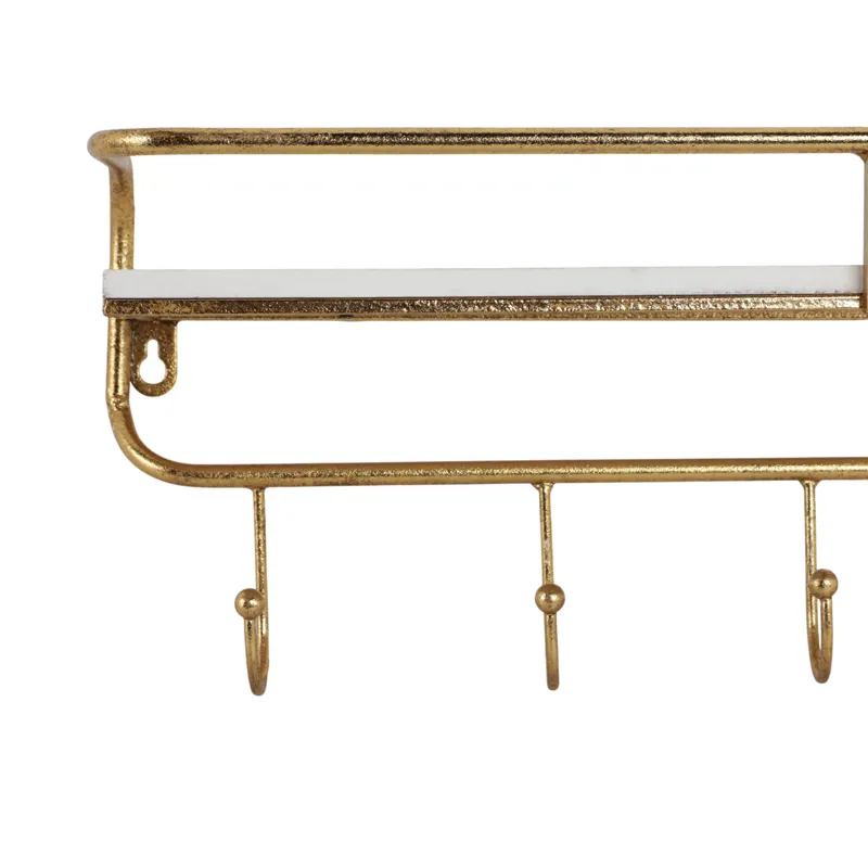 Ec Metal/wood 20\" 5  Hook Wall Shelf, White/gold