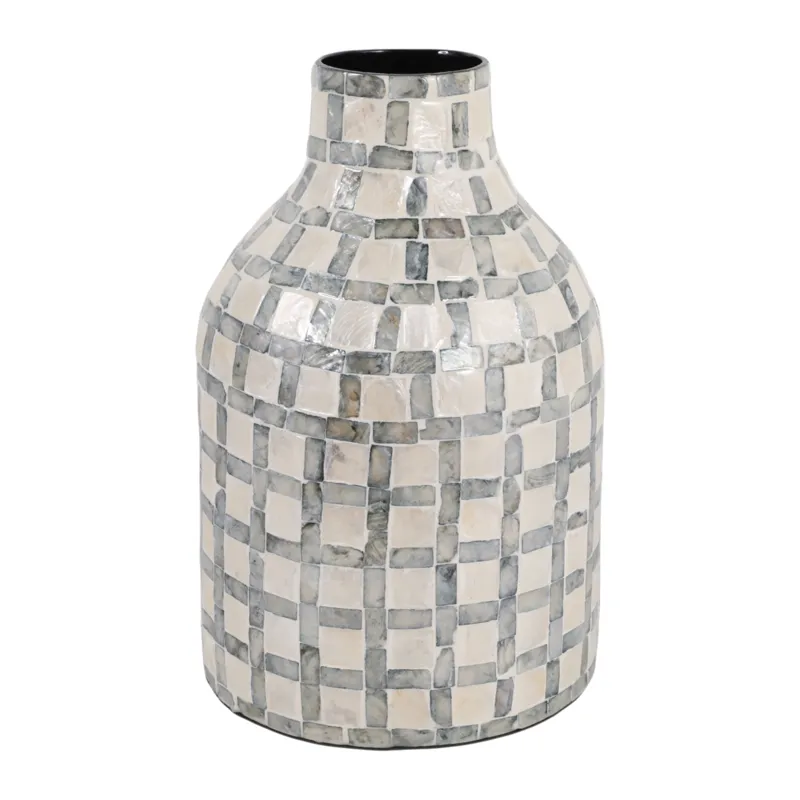 12x8\" Capiz Plaid Vase, Ivory Multi