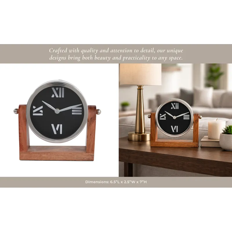 7x7\" Clock On Wood Base, Natural/silver