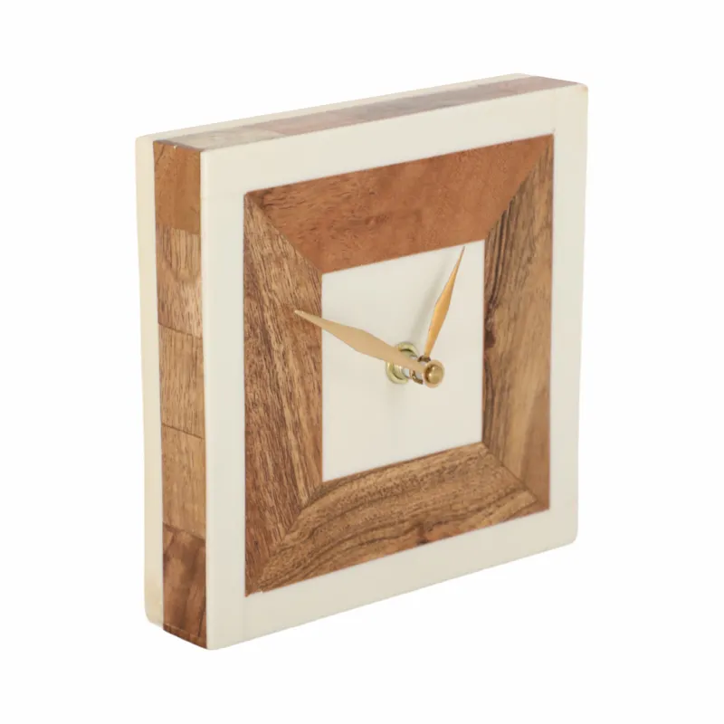 5\" Square Resin Clock With Wood Inlay, Ivory/natur