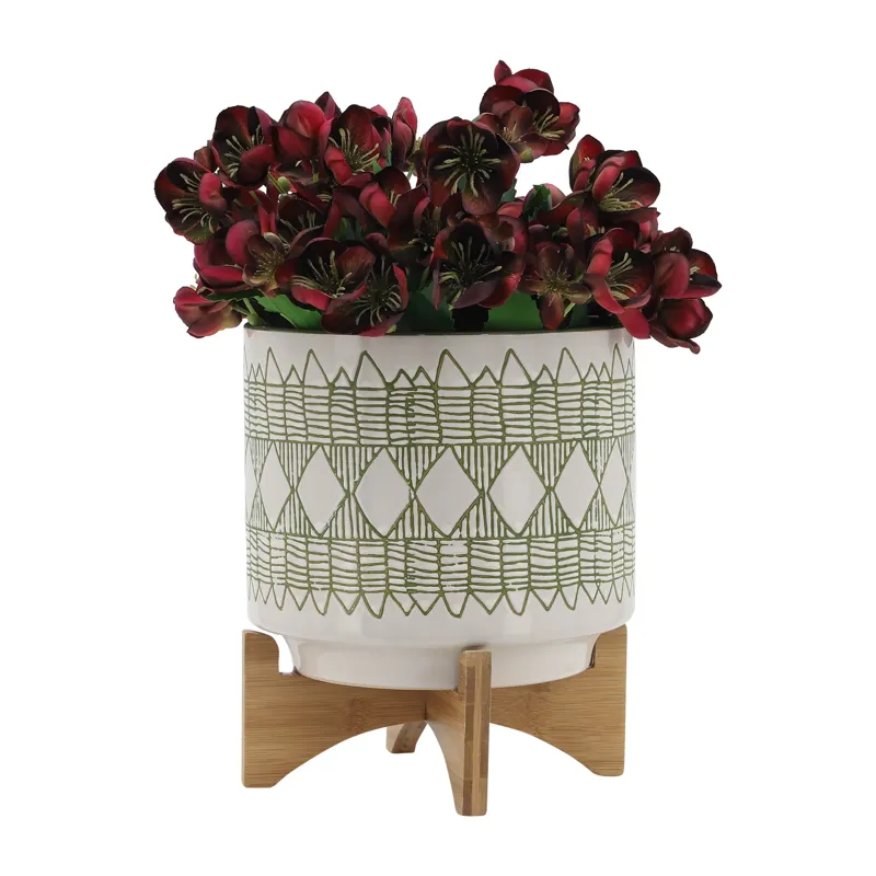 Ceramic 10" Aztec Planter On Wooden Stand, Olive