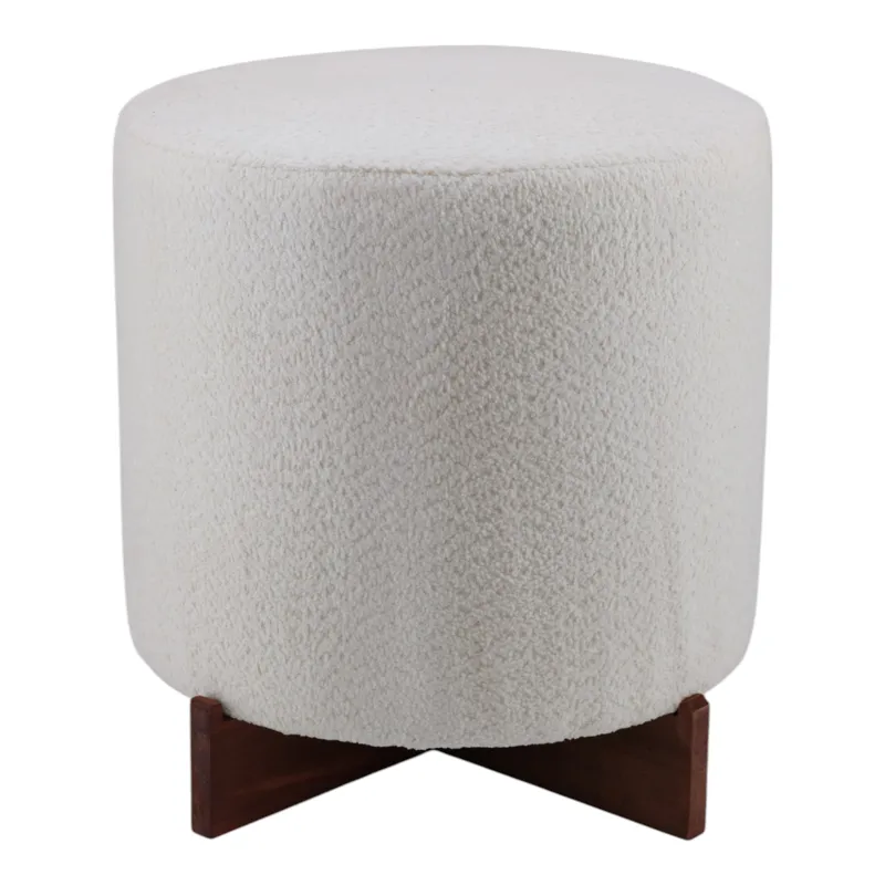 18\" Modern Teddy Ottoman With Wood Base, Ivory