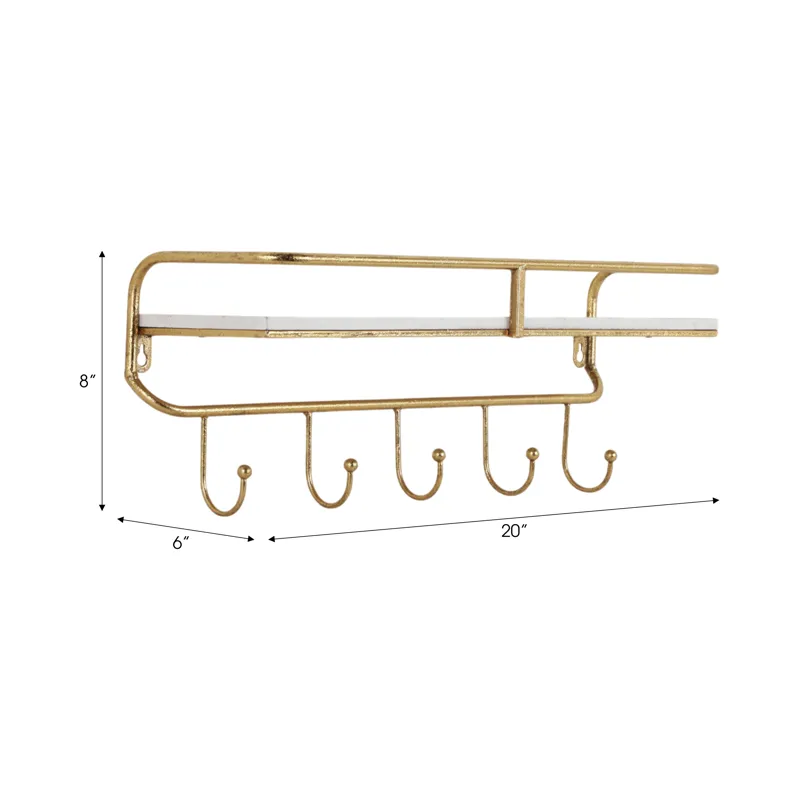 Ec Metal/wood 20\" 5  Hook Wall Shelf, White/gold