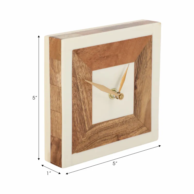 5\" Square Resin Clock With Wood Inlay, Ivory/natur