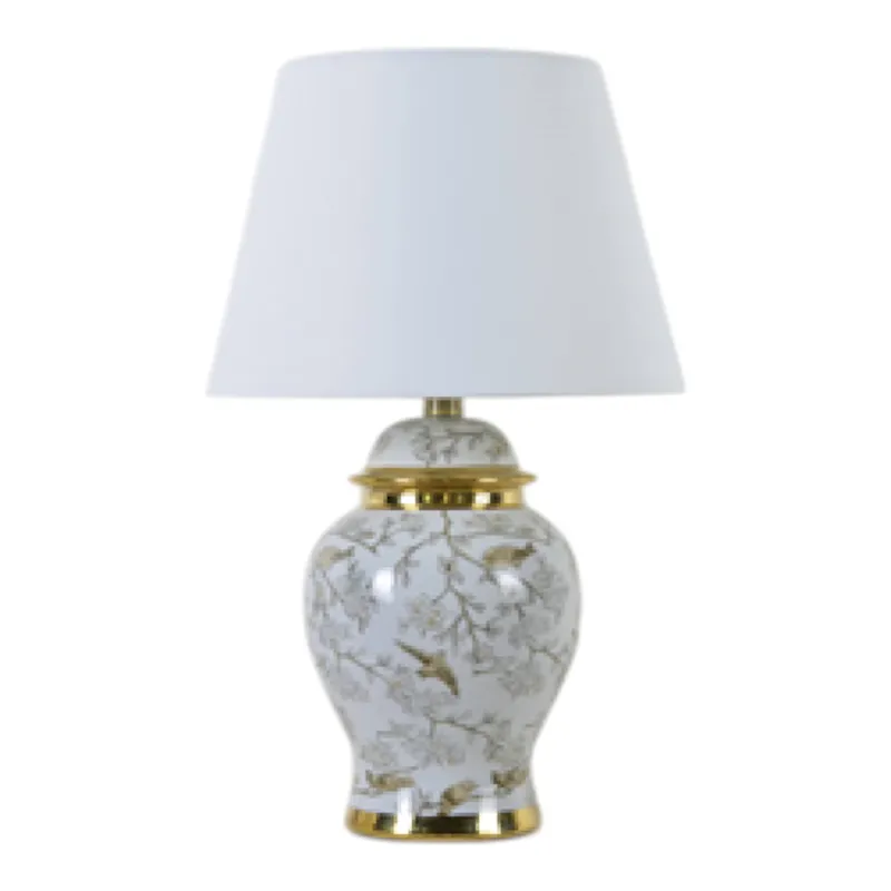 19" Chinoiserie Birds Table Lamp Gold Trim,wht/brw