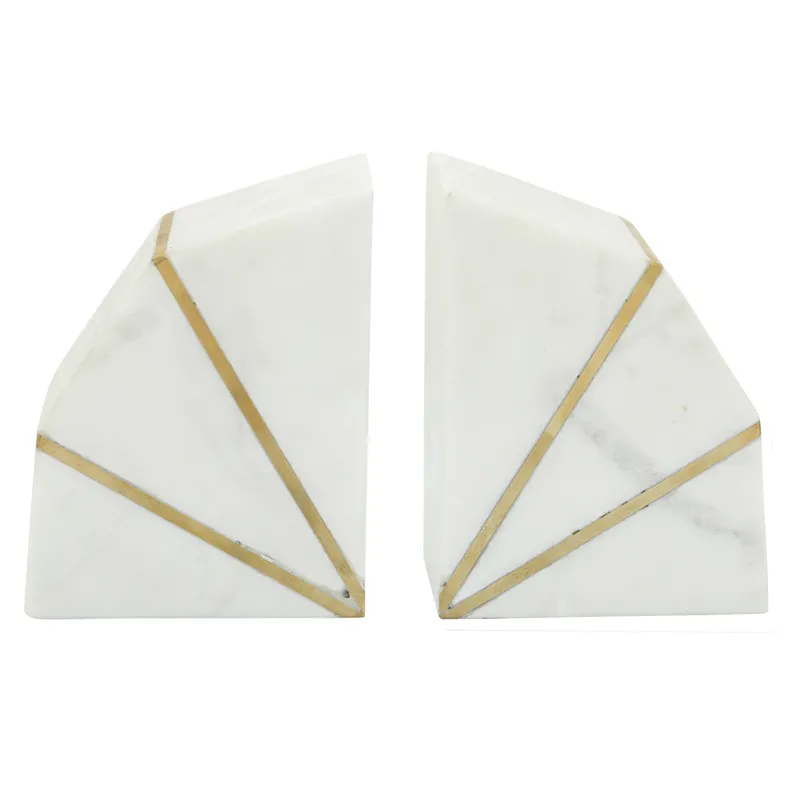 S/2 Marble 4"h Accent Bookends W/gold Inlays,wht