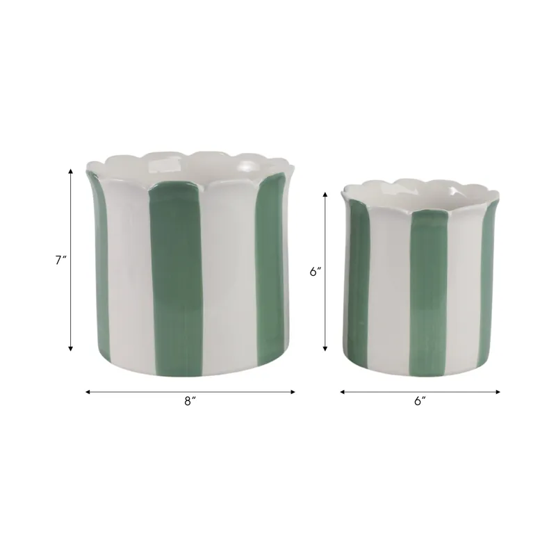 S/2 6/8\" Striped Scallop Edge Planters, White/gn