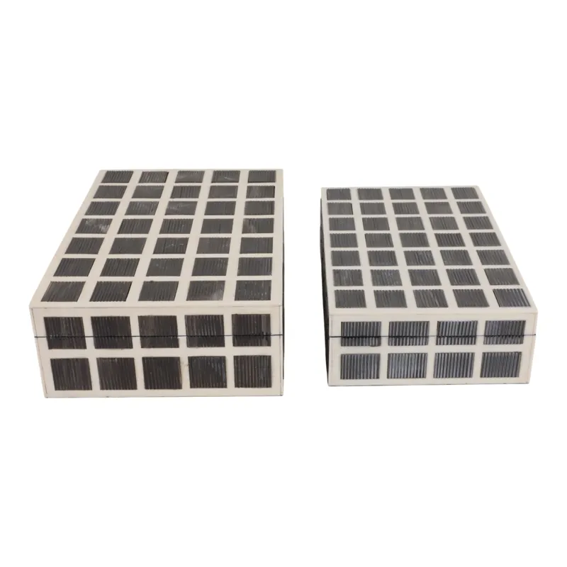 S/2 10/11" Etched Squares Resin Boxes, Ivory/brown