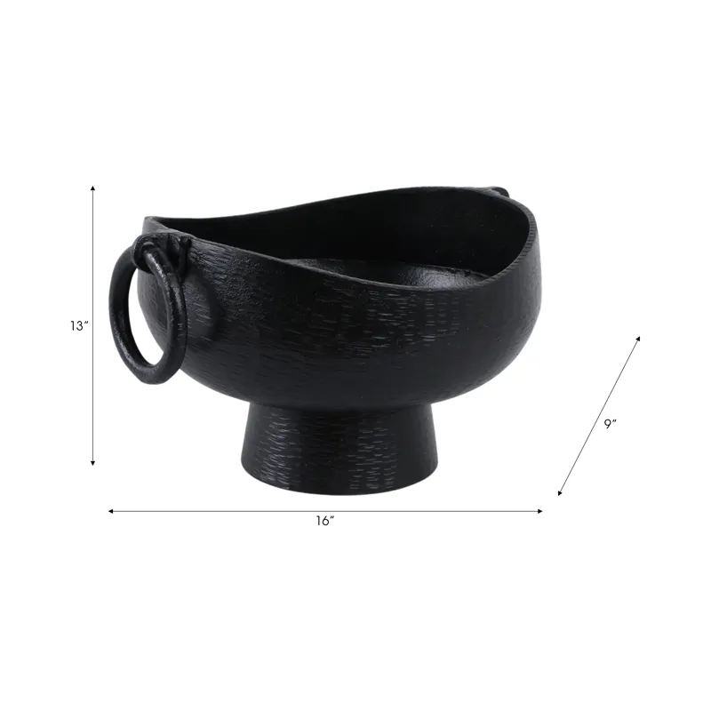 16x13\" Metal Pedestal Bowl With Ring Handles, Blk