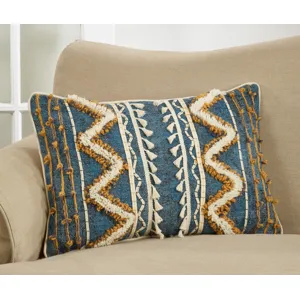 Block Print Embroidered Pillow 16"x24" Oblong - Blue