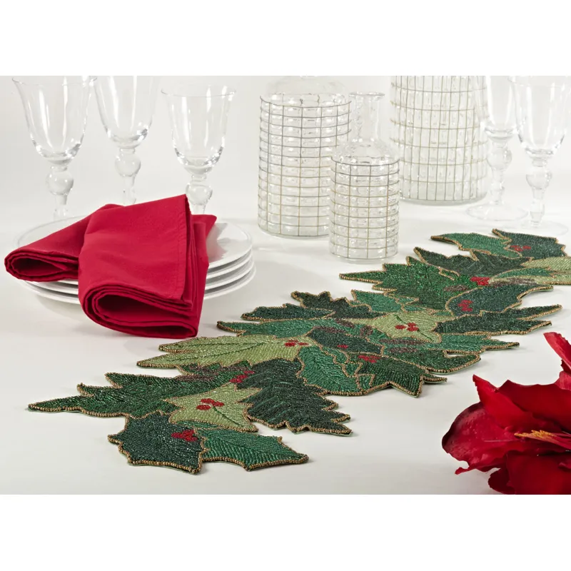 Beaded Holly Design Runner 12"x36"