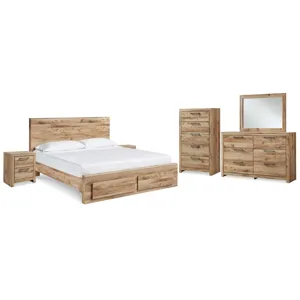 Hyanna Queen Panel Storage Bed, Dresser, Mirror, Chest and 2 Nightstands