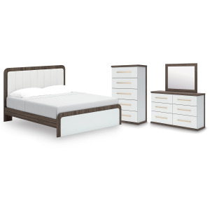 Kendanport King Upholstered Bed, Dresser, Mirror and Chest