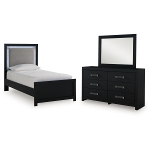 Maeling Twin Upholstered Panel Bed, Dresser and Mirror