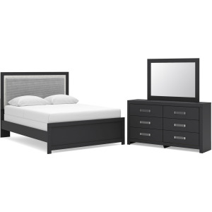 Maeling Queen Upholstered Panel Bed, Dresser and Mirror