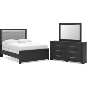 Maeling Full Upholstered Panel Bed, Dresser and Mirror