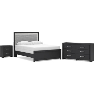 Maeling Queen Upholstered Panel Bed, Dresser and Nightstand
