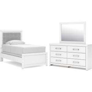 Maeling Twin Upholstered Panel Bed, Dresser and Mirror