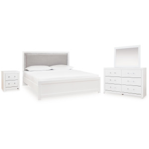 Maeling Queen Upholstered Panel Bed, Dresser, Mirror and Nightstand
