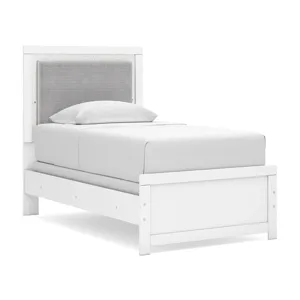 Maeling Twin Upholstered Panel Bed, Dresser and Mirror