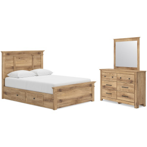 Makidern Queen Panel Bed with Storage, Dresser and Mirror