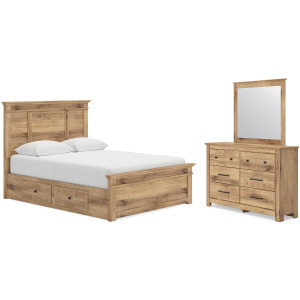 Makidern Queen Panel Bed with Storage, Dresser and Mirror
