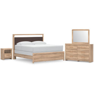 Kinlanni King Upholstered Panel Bed, Dresser, Mirror and Nightstand