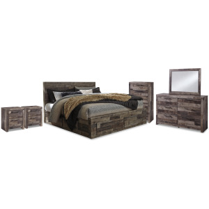 Derekson King Panel Storage Bed, Dresser, Mirror, Chest and 2 Nightstands