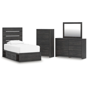Delmorta Twin Panel Storage Bed, Dresser, Mirror and Chest