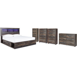 Drystan King Bookcase Storage Bed, Dresser, 2 Chests and Narrow Chest