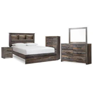 Drystan Queen Bookcase Panel Bed, Dresser, Mirror Chest and Nightstand