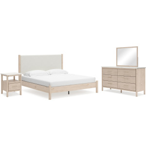 Cadmori King Upholstered Panel Bed, Dresser, Mirror and Nightstand