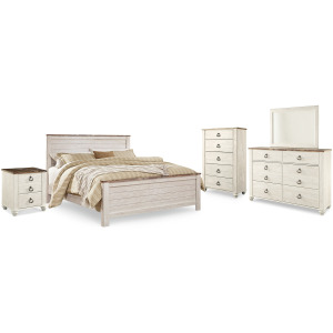 Willowton King Panel Bed, Dresser, Mirror, Chest and Nightstand