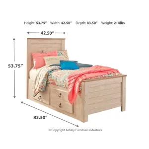 Willowton Twin Bed with Storage, Dresser, Mirror, Chest and Nightstand