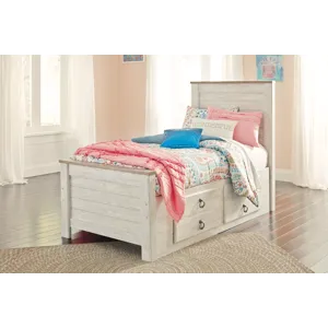 Willowton Twin Bed with Storage, Dresser, Mirror, Chest and Nightstand