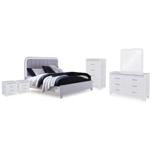 Jarlee Queen Upholstered Panel Bed, Dresser, Mirror, Chest and 2 Nightstands