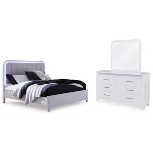Jarlee Queen Upholstered Panel Bed, Dresser and Mirror