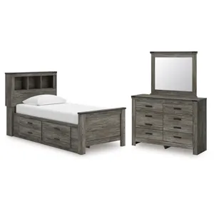 Frandern Twin Bookcase Bed with Storage, Dresser and Mirror