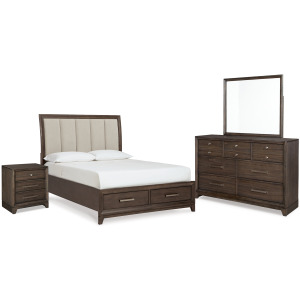 Brueban Queen Upholstered Panel Storge Bed, Dresser, Mirror and Nightstand