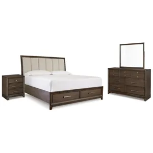 Brueban King Upholstered Panel Storage Bed, Dresser, Mirror and Nightstand