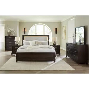 Neymorton California King Upholstered Panel Bed, Dresser and Mirror