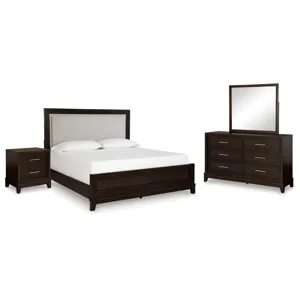 Neymorton Queen Upholstered Panel Bed, Dresser, Mirror and Nightstand
