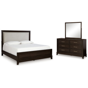 Neymorton King Upholstered Panel Bed, Dresser and Mirror