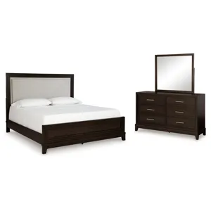Neymorton King Upholstered Panel Bed, Dresser and Mirror