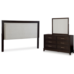 Neymorton King/California King Upholstered Panel Headboard, Dresser and Mirror