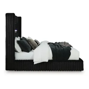 Agrander King Upholstered Bed with Fireplace and Wireless Audio