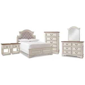 Realyn Full Upholstered Panel Bed, Dresser, Mirror, Chest and 2 Nightstands