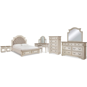 Realyn King Storage Bed, Dresser, Mirror, Chest, Vanity with Stool and 2 Nightstands