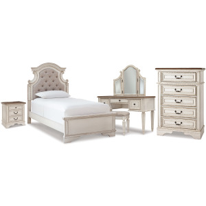 Realyn Twin Upholstered Panel Bed, Chest, Vanity and Nightstand