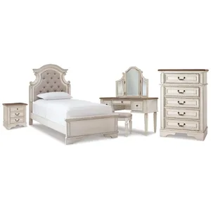 Realyn Twin Upholstered Panel Bed, Chest, Vanity and Nightstand